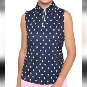 Belyn Key Navy Blue Sleeveless Polo Tank Top Pink Dot Floral Print Golf Ball - M